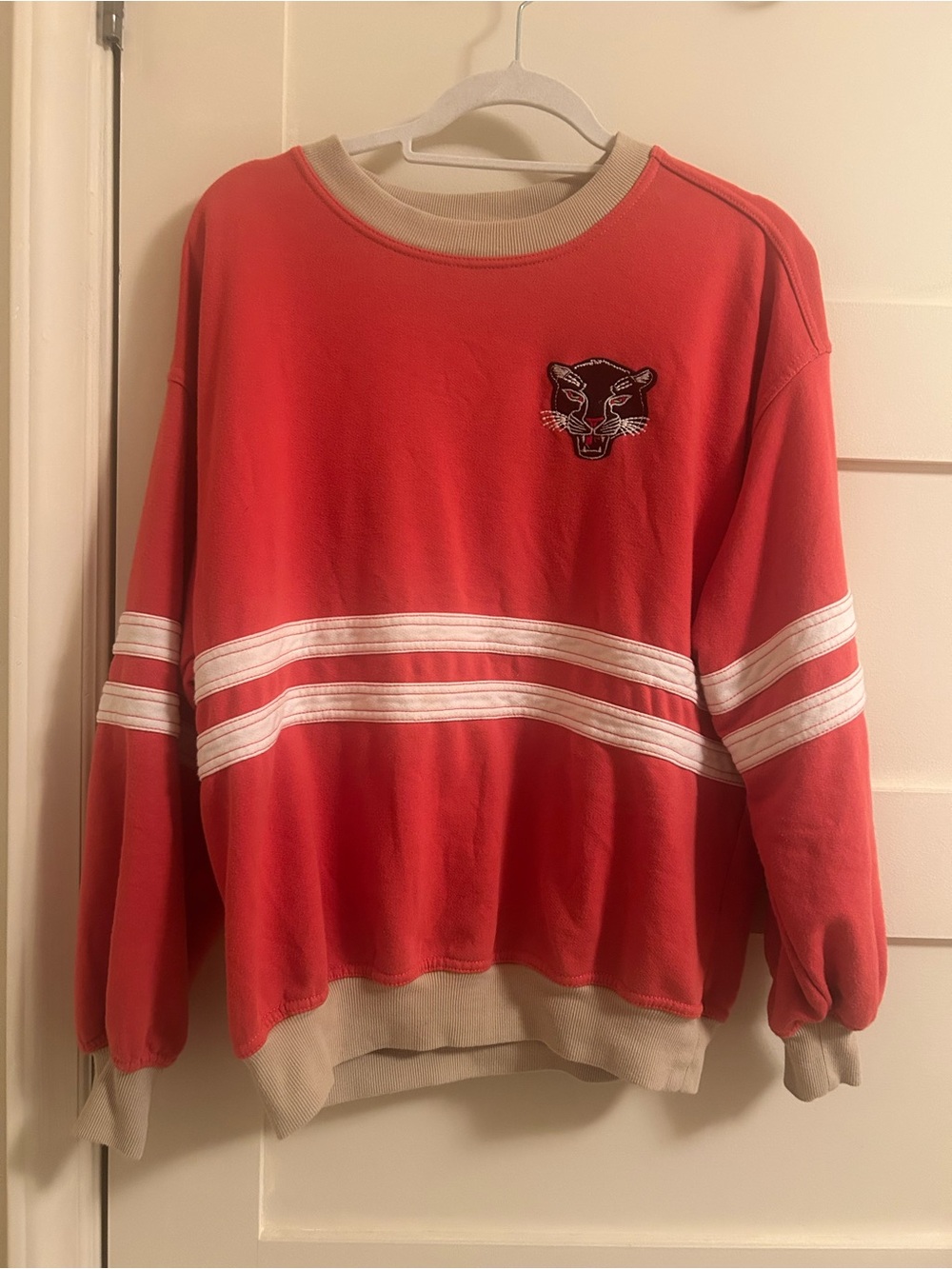 Anthropologie Pilcro Red Crewneck with tan and cream detailing